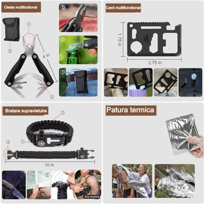 Kit supravietuire multifuncional , 42 de Instrumente Profesionale, Echipament de prim-ajutor, Drumetie, Camping [2]