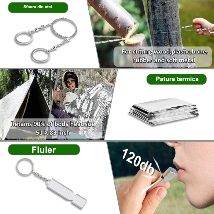 Kit supravietuire multifunctional , Instrumente profesionale, Trusa de Prim-Ajutor, pentru Camping, Drumetii, Aventuri in aer liber, borseta inclusa, model army [9]
