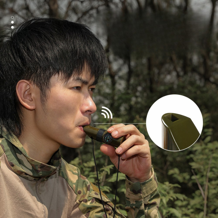 Kit supravieturie , Fluier multifunctional 7 in 1, pentru drumetii, hiking, lupa, fluier, termometru, depozitare pastile, busola, din material ABS, cu snur, 9,7 x 2,8 cm, verde [9]