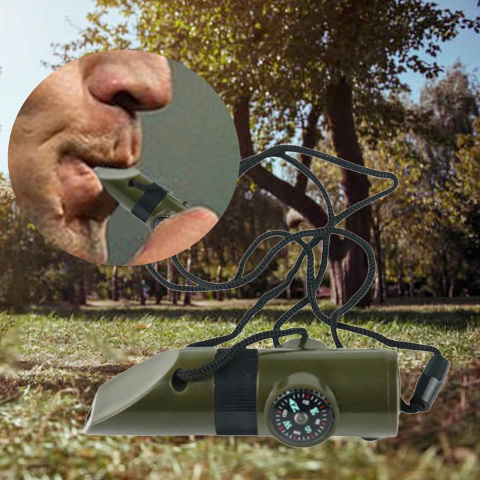 Kit supravieturie , Fluier multifunctional 7 in 1, pentru drumetii, hiking, lupa, fluier, termometru, depozitare pastile, busola, din material ABS, cu snur, 9,7 x 2,8 cm, verde [7]