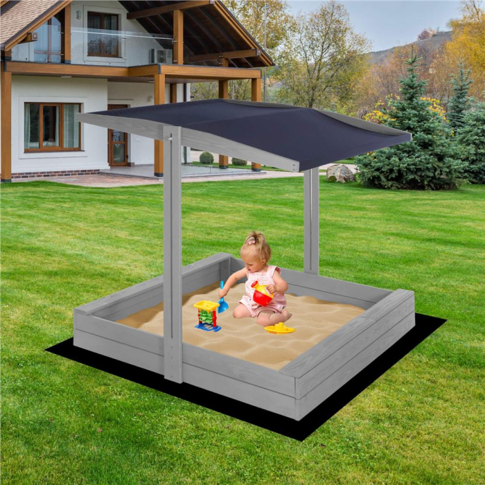 Lada nisip din lemn cu acoperis reglabil si capac, pliabila, 120x120x120 cm, gri [22]