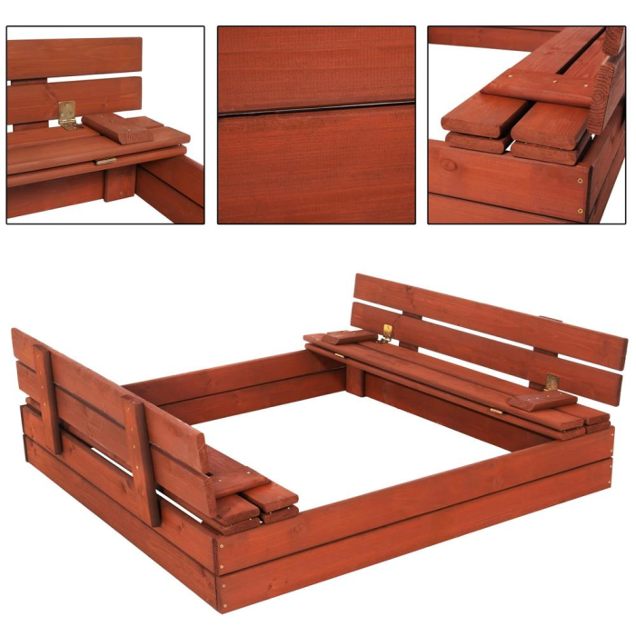 Lada nisip din lemn pliabila cu capac si bancute, 120x120x41 cm, maro [22]