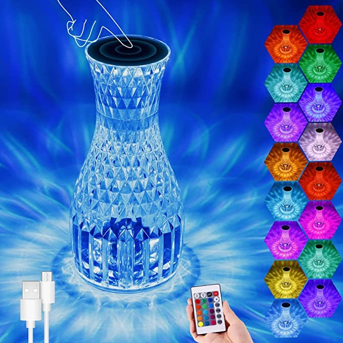 Lampa de birou pe LED RGB 16, , dimmer tactil, 3 nivele de intensitate, incarcare USB, 3W, Cristal Acrilic, 20x12 cm, cu telecomanda, forma vaza, transparent [7]