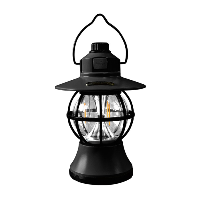 Lampă de camping retro portabilă, Felinar Vintage LED ABS, Acumulator inclus 1200 mAh, reincarcabila, 20 cm inaltime, 3 moduri de iluminare, intensitate reglabila,Lampa portabila pentru cort în aer liber, Negru [1]