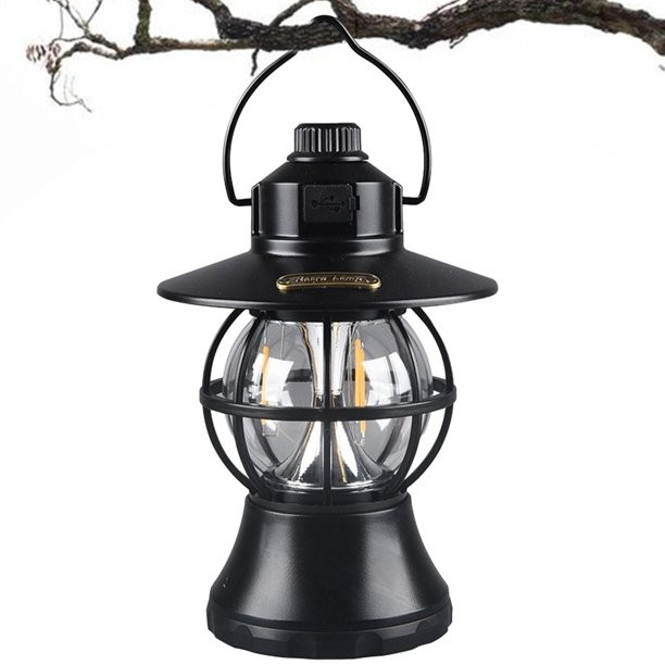Lampă de camping retro portabilă, Felinar Vintage LED ABS, Acumulator inclus 1200 mAh, reincarcabila, 20 cm inaltime, 3 moduri de iluminare, intensitate reglabila,Lampa portabila pentru cort în aer liber, Negru [8]