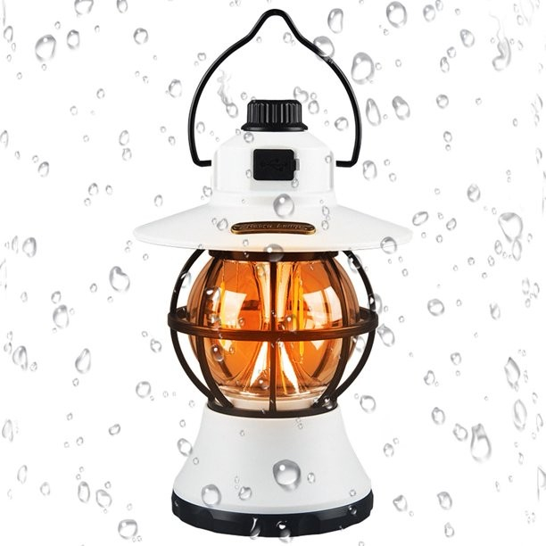 Lampă de camping retro portabilă, Felinar Vintage LED ABS, Acumulator inclus 1200 mAh, reincarcabila, 20 cm inaltime, 3 moduri de iluminare, intensitate reglabila,Lampa portabila pentru cort în aer liber, Alb [6]