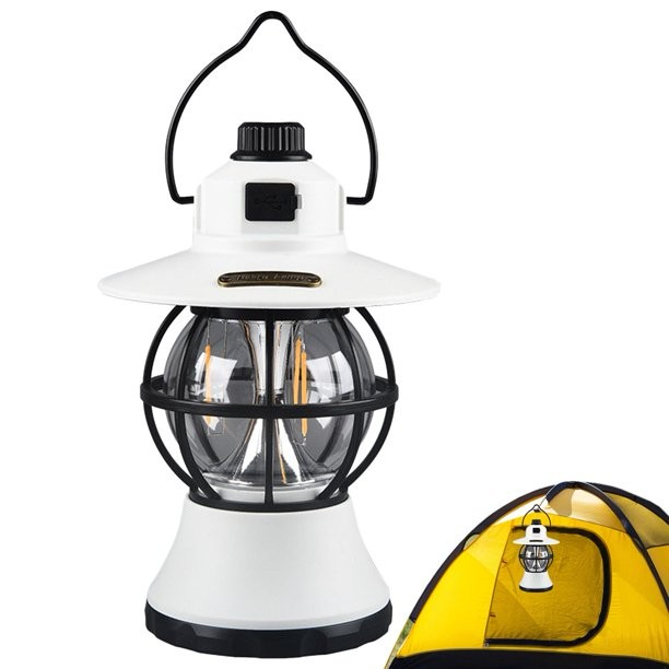 Lampă de camping retro portabilă, Felinar Vintage LED ABS, Acumulator inclus 1200 mAh, reincarcabila, 20 cm inaltime, 3 moduri de iluminare, intensitate reglabila,Lampa portabila pentru cort în aer liber, Alb [4]