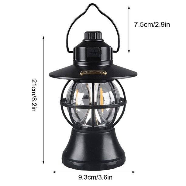 Lampă de camping retro portabilă, Felinar Vintage LED ABS, Acumulator inclus 1200 mAh, reincarcabila, 20 cm inaltime, 3 moduri de iluminare, intensitate reglabila,Lampa portabila pentru cort în aer liber, Negru [4]