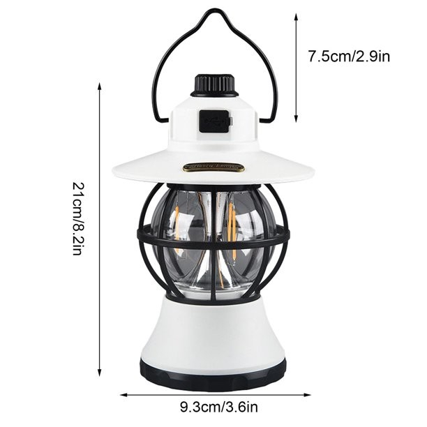 Lampă de camping retro portabilă, Felinar Vintage LED ABS, Acumulator inclus 1200 mAh, reincarcabila, 20 cm inaltime, 3 moduri de iluminare, intensitate reglabila,Lampa portabila pentru cort în aer liber, Alb [7]