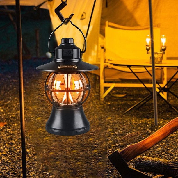 Lampă de camping retro portabilă, Felinar Vintage LED ABS, Acumulator inclus 1200 mAh, reincarcabila, 20 cm inaltime, 3 moduri de iluminare, intensitate reglabila,Lampa portabila pentru cort în aer liber, Negru [2]