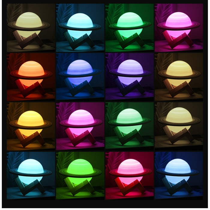 Lampa de veghe cu telecomanda in forma de Saturn 3D Saturn Light 16 culori, alimentare baterii, stand lemn inclus, 15 cm,  [2]