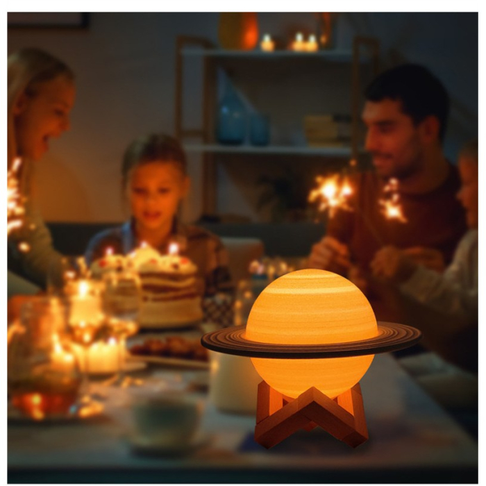 Lampa de veghe cu telecomanda in forma de Saturn 3D Saturn Light 16 culori, alimentare baterii, stand lemn inclus, 15 cm,  [4]