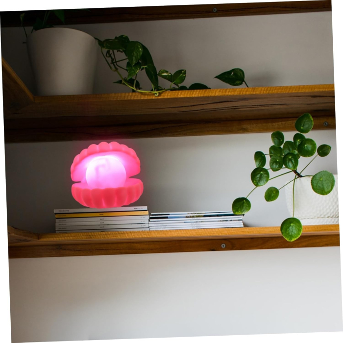 Lampa de Veghe, , Model Scoica cu Perla, Lumina Calda, 10 x 8.5 cm, Led, Baterii Incluse 3 x LR44, Roz [3]