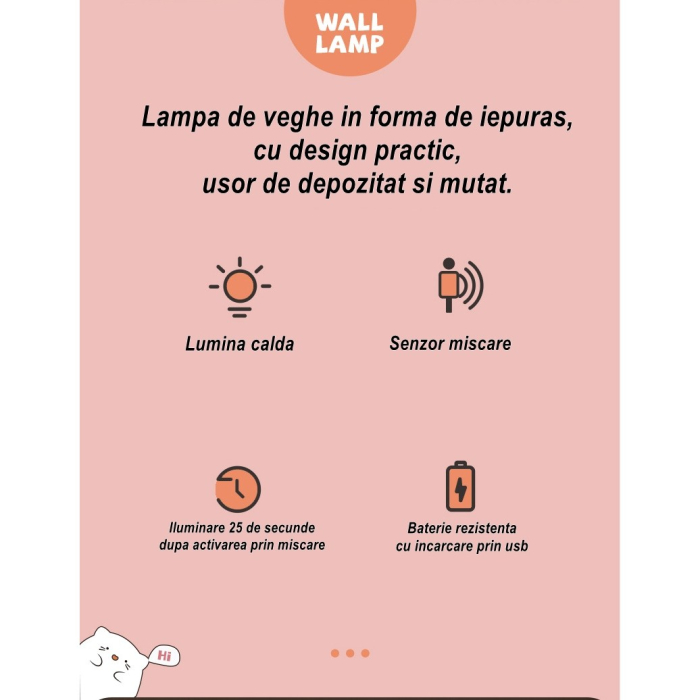 Lampa de veghe portabila cu 2 moduri de functionare , silicon non-toxic, reincarcabila USB, senzor miscare, alb, iepuras [5]