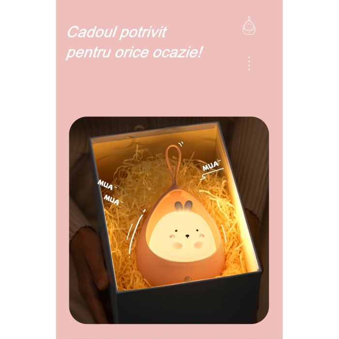 Lampa de veghe portabila cu 2 moduri de functionare , silicon non-toxic, reincarcabila USB, senzor miscare, alb, iepuras [12]