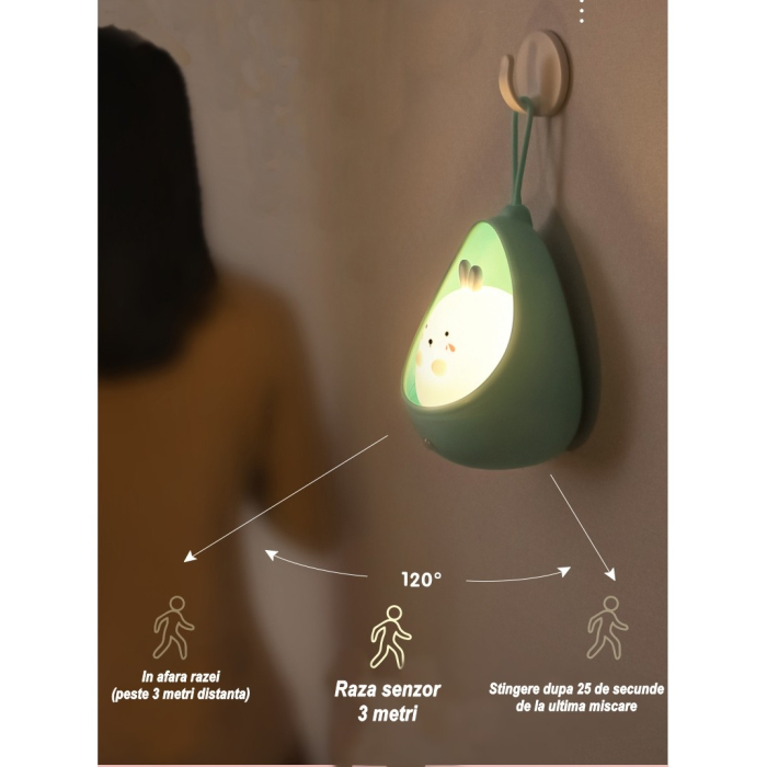 Lampa de veghe portabila cu 2 moduri de functionare , silicon non-toxic, reincarcabila USB, senzor miscare, albastru, iepuras [2]