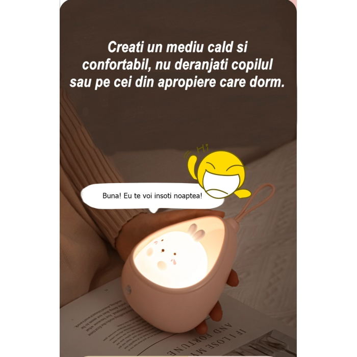 Lampa de veghe portabila cu 2 moduri de functionare , silicon non-toxic, reincarcabila USB, senzor miscare, roz, iepuras [5]