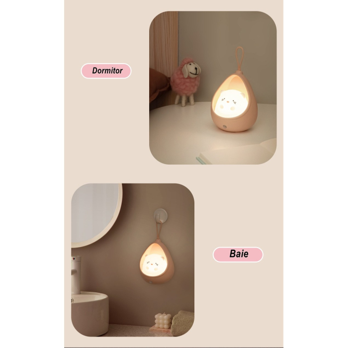 Lampa de veghe portabila cu 2 moduri de functionare , silicon non-toxic, reincarcabila USB, senzor miscare, roz, iepuras [6]