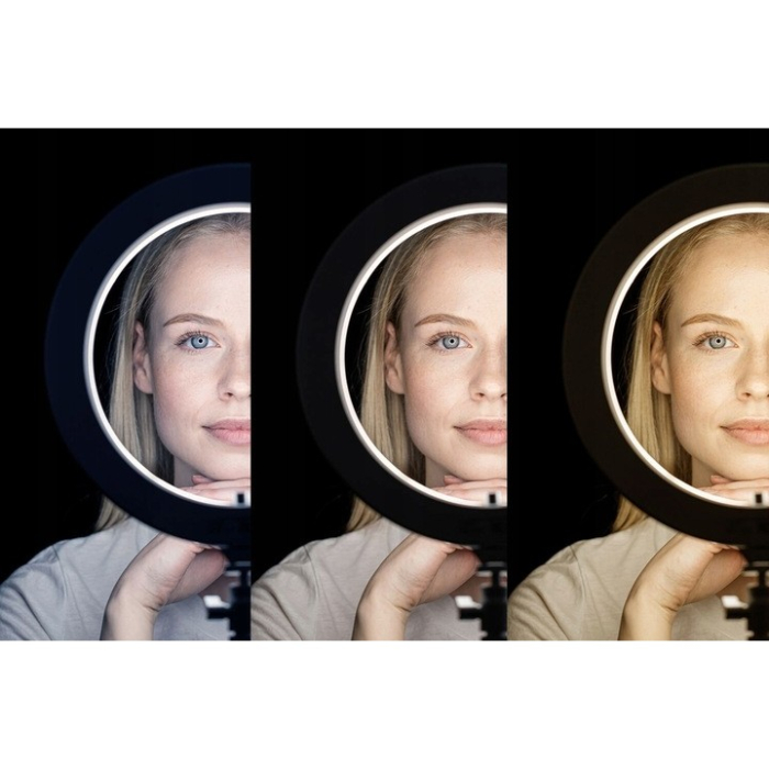 Lampa LED Circulara cu Trepied Metalic Extensibil, , Rotativa 360 de Grade, Lungime Extensie 210 cm, Diametru Lampa 26 cm, Conectare USB, Telecomanda, 3 Trepte de Lumina, Negru [7]