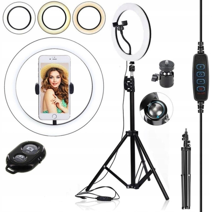 Lampa LED Circulara cu Trepied Metalic Extensibil, , Rotativa 360 de Grade, Lungime Extensie 210 cm, Diametru Lampa 26 cm, Conectare USB, Telecomanda, 3 Trepte de Lumina, Negru [4]