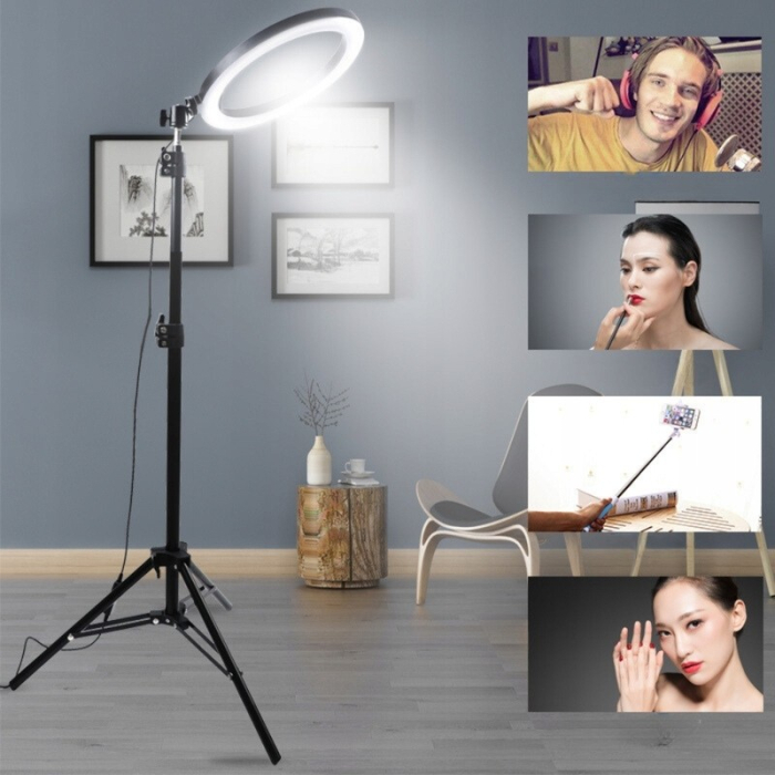 Lampa LED Circulara cu Trepied Metalic Extensibil, , Rotativa 360 de Grade, Lungime Extensie 210 cm, Diametru Lampa 26 cm, Conectare USB, Telecomanda, 3 Trepte de Lumina, Negru [11]