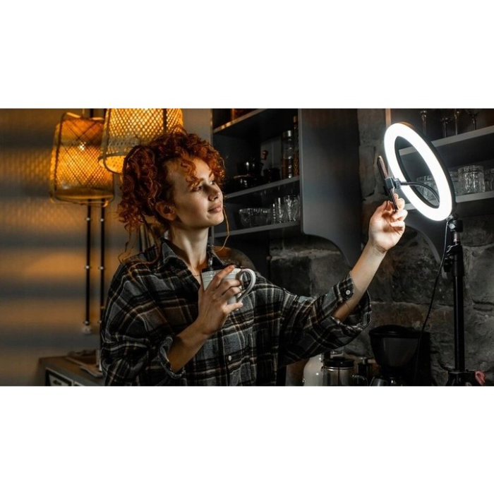 Lampa LED Circulara cu Trepied Metalic Extensibil, , Rotativa 360 de Grade, Lungime Extensie 210 cm, Diametru Lampa 26 cm, Conectare USB, Telecomanda, 3 Trepte de Lumina, Negru [3]