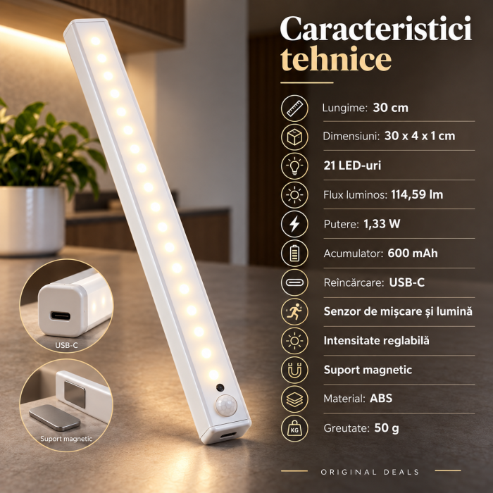 Lampa LED ORIGINAL DEALS 30 cm, 21 LED, senzor miscare si lumina, USB-C, magnetica, alba [9]