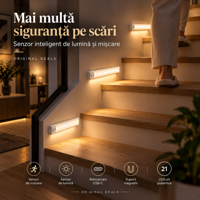 Lampa LED ORIGINAL DEALS 30 cm, 21 LED, senzor miscare si lumina, USB-C, magnetica, alba [8]