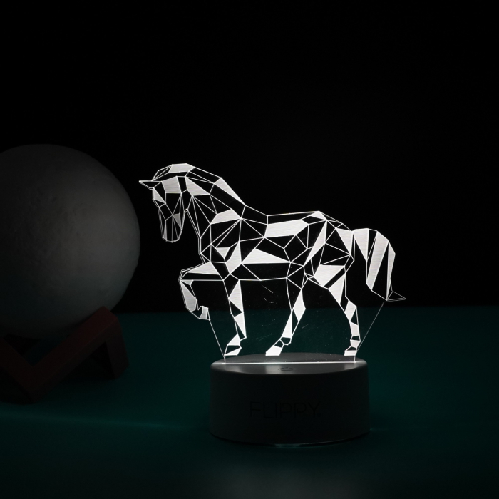 Lampa LED decorativa, , 3D, Cal, cu telecomanda, doua moduri de alimentare USB si baterii, 20 cm inaltime, din material acril si lumina multicolora, alb [6]