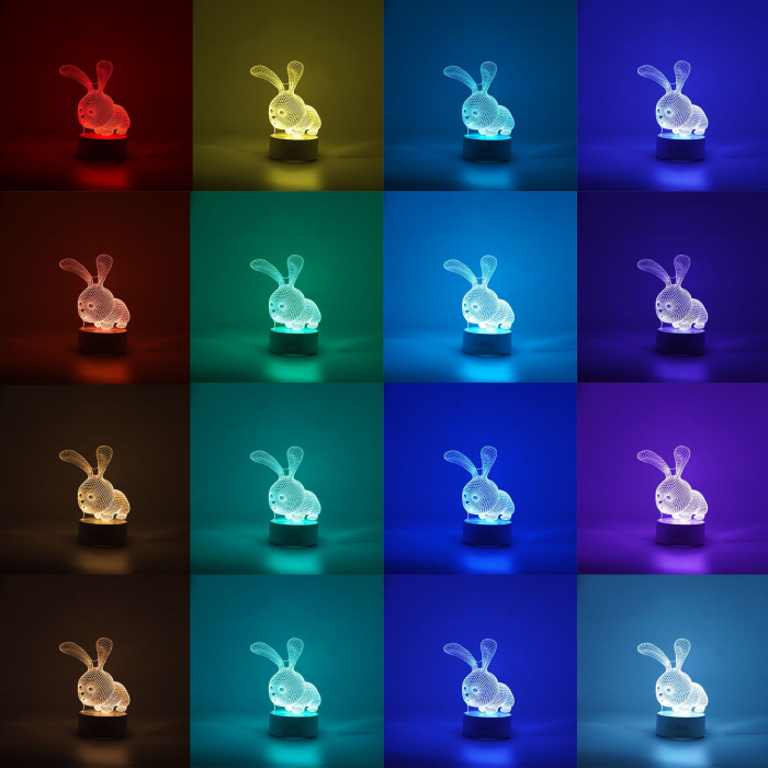 Lampa LED decorativa, , 3D, Iepure, cu USB si baterii, 20 cm inaltime, din material acril, lumina multicolora si telecomanda inclusa, alb [3]