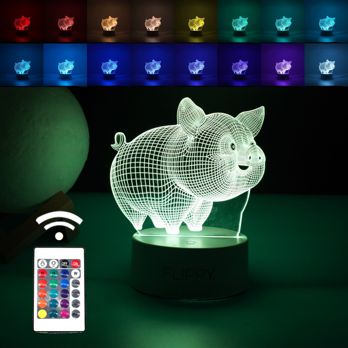 Lampa LED decorativa, , 3D, Porcusor Gras, din material acril si lumina multicolora, alb [1]