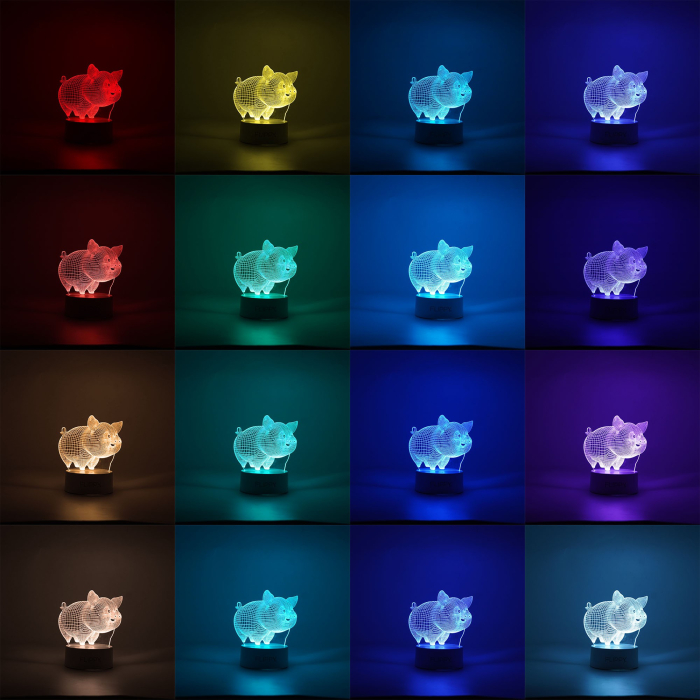 Lampa LED decorativa, , 3D, Porcusor Gras, din material acril si lumina multicolora, alb [2]