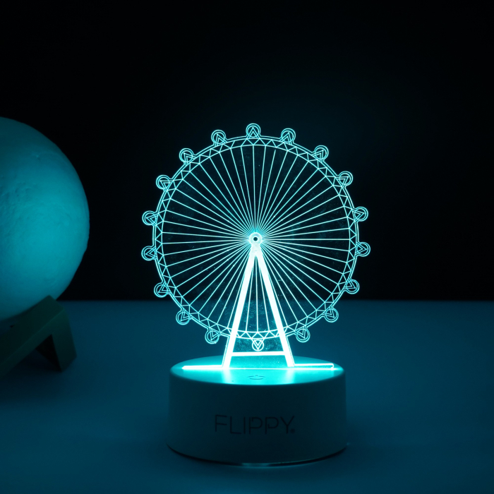 Lampa LED decorativa, , 3D, Roata Panoramica, cu telecomanda, doua moduri de alimentare USB si baterii, 20 cm inaltime, din material acril si lumina multicolora, alb [4]