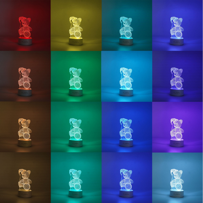 Lampa LED decorativa, , 3D, Urs cu palarie, cu telecomanda, doua moduri de alimentare USB si baterii, 20 cm inaltime, din material acril si lumina multicolora, alb [3]