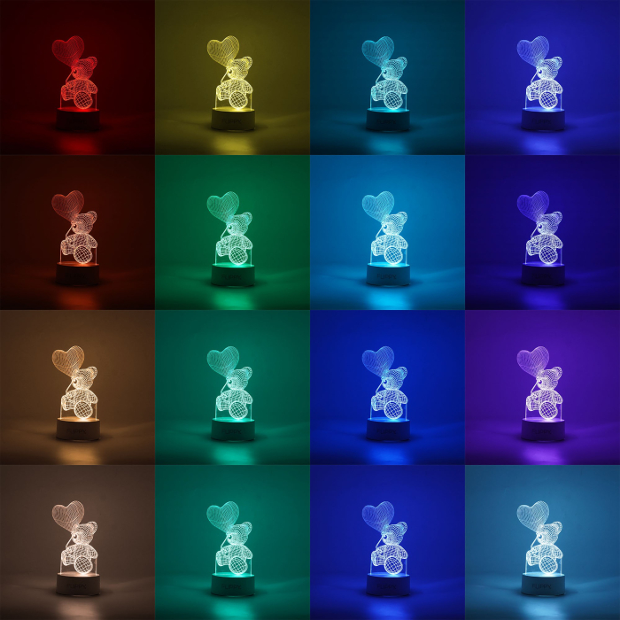 Lampa LED decorativa, , 3D, Ursulet cu balon inima, cu telecomanda, doua moduri de alimentare USB si baterii, 20 cm inaltime, din material acril si lumina multicolora, alb [3]