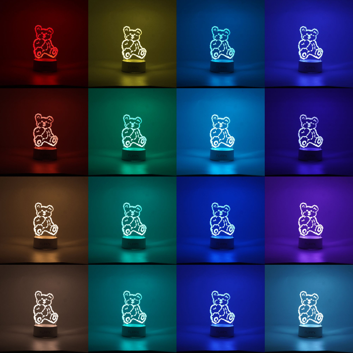 Lampa LED decorativa, , 3D, Ursulet, cu telecomanda, doua moduri de alimentare USB si baterii, 20 cm inaltime, din material acril si lumina multicolora, alb [2]