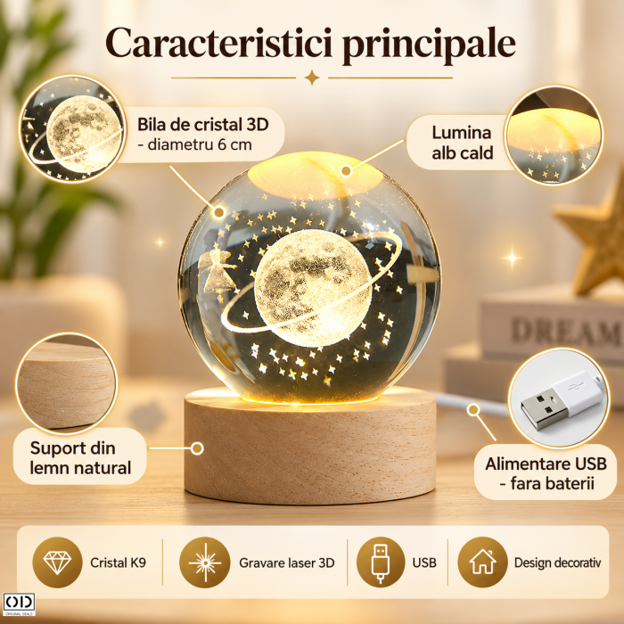 Lampa LED Decorativa cu Bila din Cristal K9, Cer Instelat 3D, 6 cm, USB, Alb Cald | ORIGINAL DEALS [9]