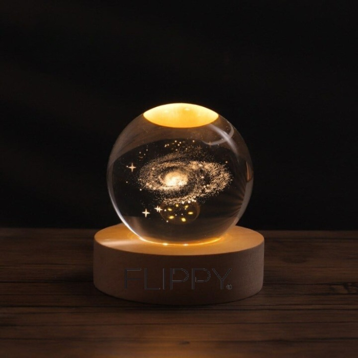 Lampa LED Decorativa, , cu Bila de Cristal cu Diametru 6cm, Model Galaxie 3D, Alimentare USB, Suport din Lemn, Lumina Alb Cald [4]