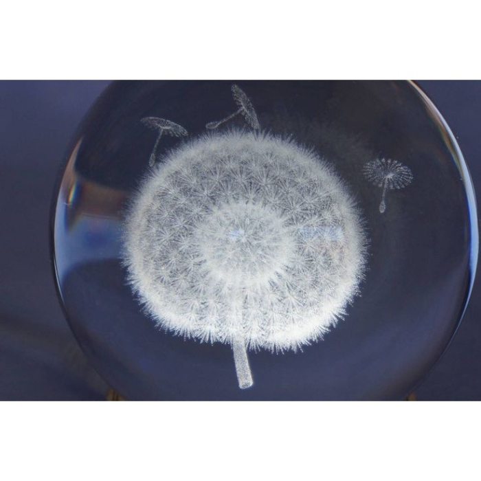 Lampa LED Decorativa, , cu Bila de Cristal cu Diametru 6cm, Model Papadie 3D, Alimentare USB, Suport din Lemn, Lumina Alb Cald [6]