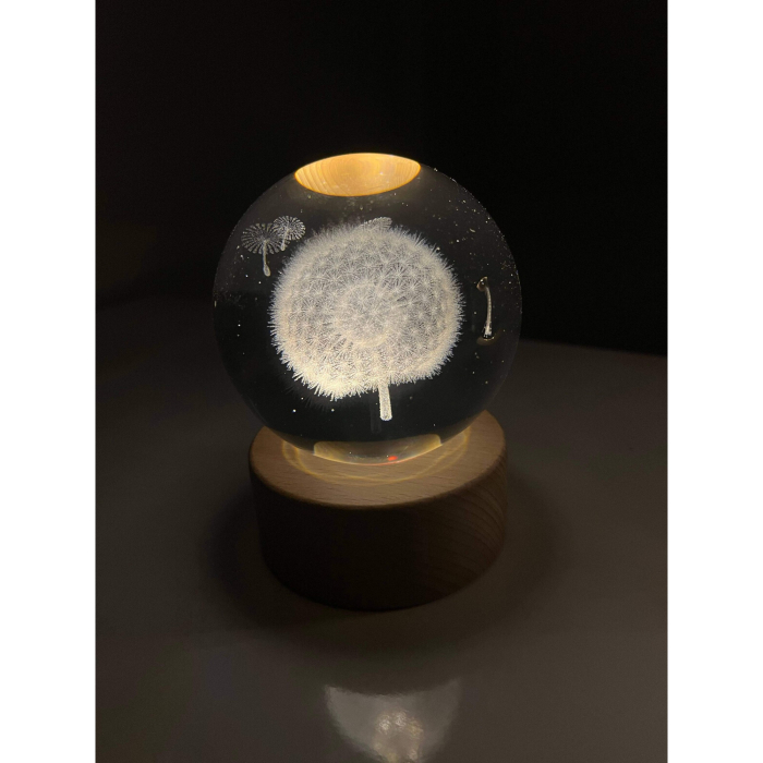 Lampa LED Decorativa, , cu Bila de Cristal cu Diametru 6cm, Model Papadie 3D, Alimentare USB, Suport din Lemn, Lumina Alb Cald [9]
