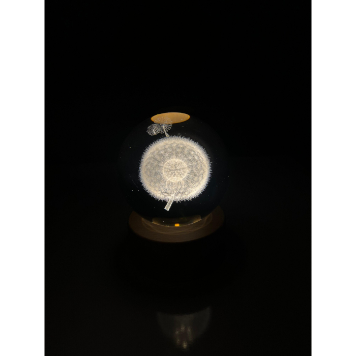 Lampa LED Decorativa, , cu Bila de Cristal cu Diametru 6cm, Model Papadie 3D, Alimentare USB, Suport din Lemn, Lumina Alb Cald [8]
