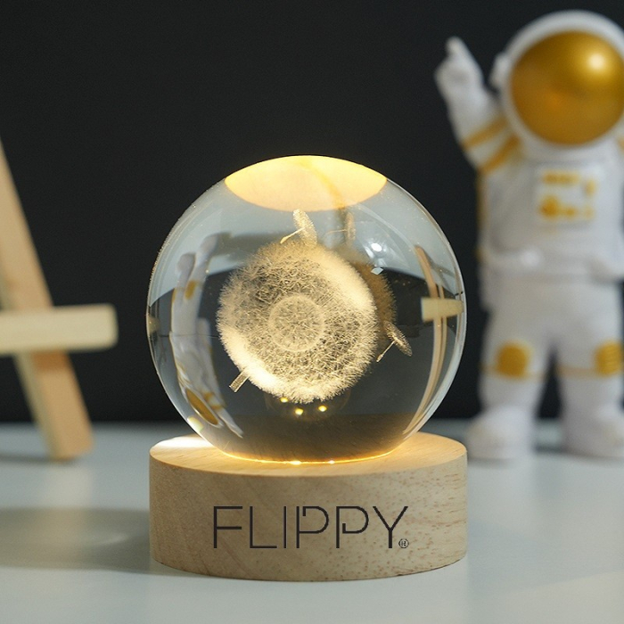 Lampa LED Decorativa, , cu Bila de Cristal cu Diametru 6cm, Model Papadie 3D, Alimentare USB, Suport din Lemn, Lumina Alb Cald [5]