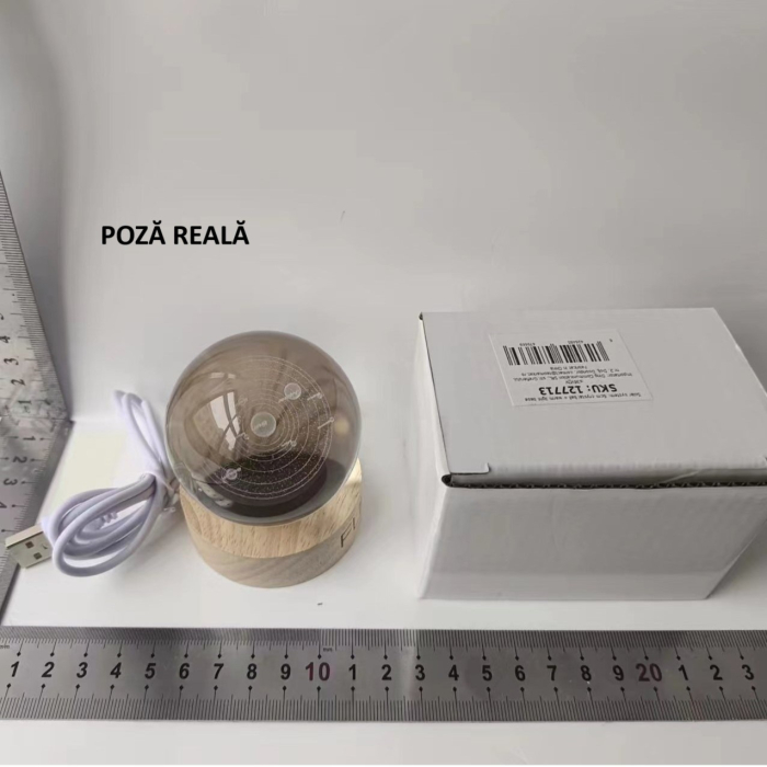 Lampa LED Decorativa, , cu Bila de Cristal cu Diametru 6cm, Model Sistemul Solar 3D, Alimentare USB, Suport din Lemn, Lumina Alb Cald [7]