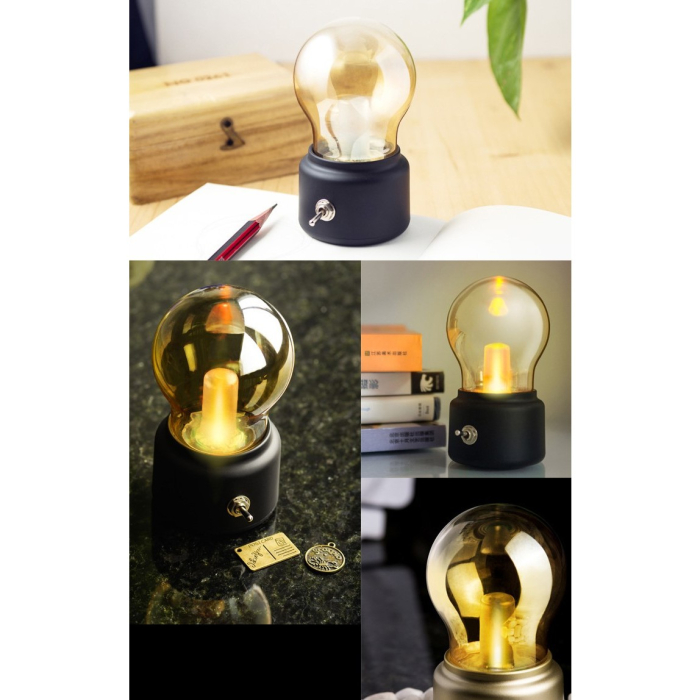 Lampa LED Decorativa sub forma de Bulb, Retro pentru interior, Negru/ Transparent, 5 V, 500 mA, ABS, Lumina Calda, Incarcare USB, Autonimie 12 Ore, Comutator Metalic, , 11x7x6 cm [7]