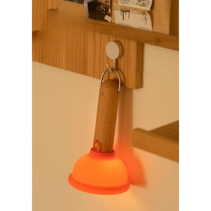 Lampa Nocturna, , Model Ventuza de Toaleta, Alimentare USB, din Lemn si Silicon, 16 x 9 cm, Portocaliu [4]