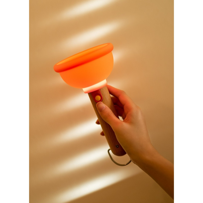 Lampa Nocturna, , Model Ventuza de Toaleta, Alimentare USB, din Lemn si Silicon, 16 x 9 cm, Portocaliu [6]
