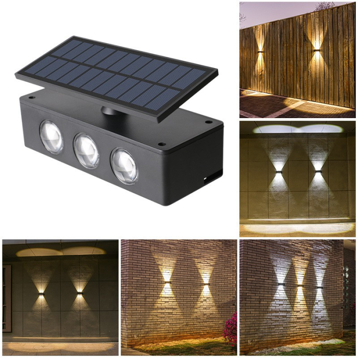 Lampa solara LED bidirectionala , cu panou ajustabil, comutator culoare lumina, pentru perete, scari, gradina, terasa, 16 x 6.5 cm, 6 LED-uri, material ABS, baterie 3.7 V, 1200mah, multicolor [3]
