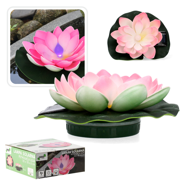 Lampa solara LED de gradina, plutitoare pe apa, floare de nufar roz, 18x18x6cm [2]