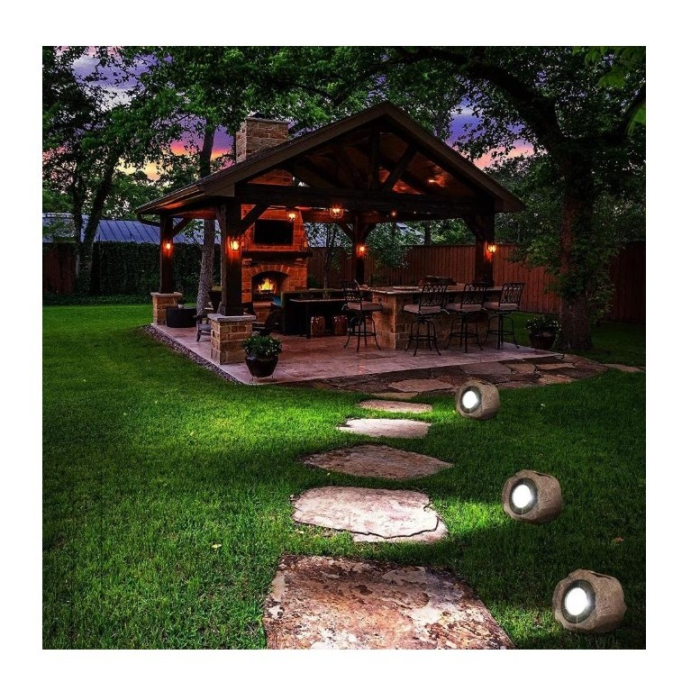 Lampa solara LED decorativa pentru gradina , imitatie piatra, lumina puternica 4 LED-uri, 12 x 15 cm, material ABS, baterie Ni-MH, 600 mAh, panou solar 2V, lumina alb rece, gri [4]