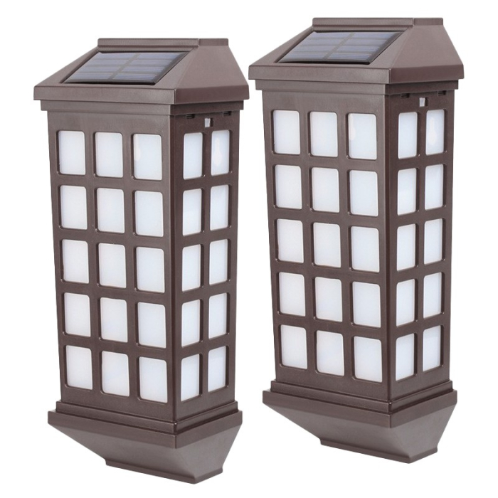 Lampa solara LED tip Felinar pentru perete , Set din 2 Buc, 23 x 9 cm, 1.2V, ABS, 600mAh, Rezistent la Apa, Tip lumina alb cald, Maro [5]